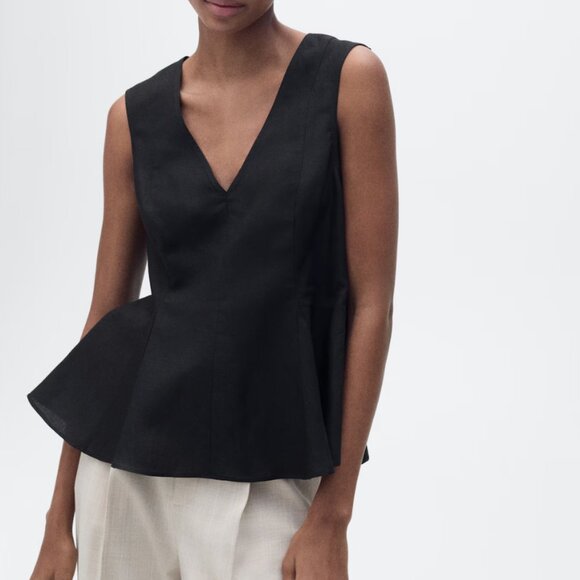 Linen-Blend Peplum Top Black NWT M - Picture 1 of 3